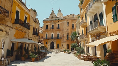 Sunlit Italian Street Scene with Outdoor Cafe Seating
