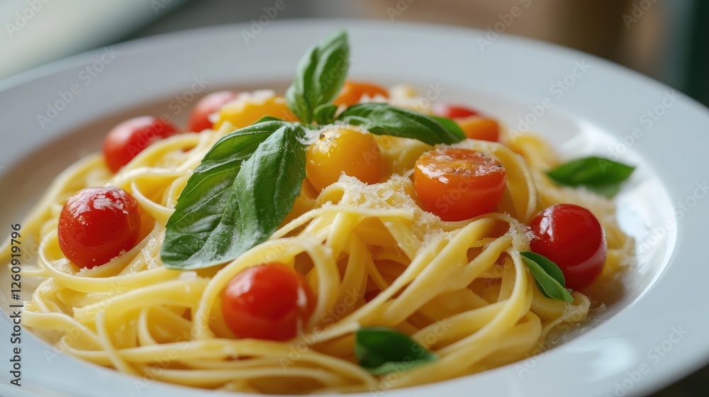 Pasta ptitim with cherry tomatoes and basil in a white plate Pasta ptitim with cherry tomatoes and basil in a white plate
