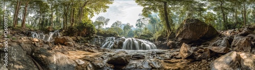 A waterfall is surrounded by rocks and trees in a tranquil forest