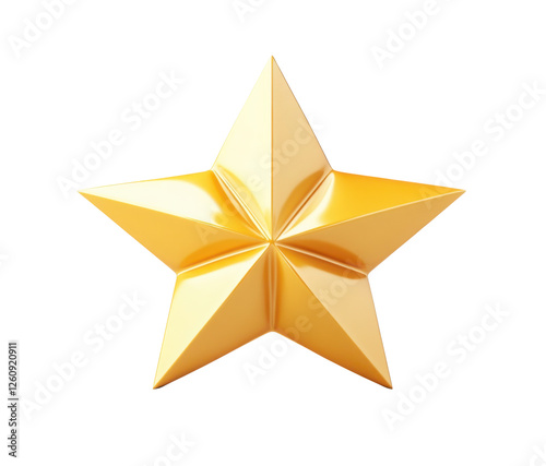 Shining golden star with sharp edges and reflective surface isolated on transparent background. PNG. Front view