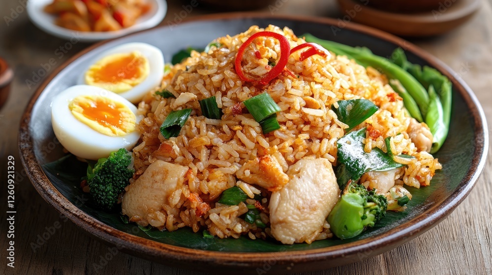 Nasi goreng, fried rice with chicken and egg in Indonesia style. Asian food Nasi goreng, fried rice with chicken and egg in Indonesia style. Asian food