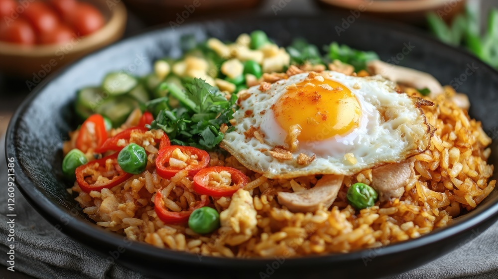 Nasi goreng, fried rice with chicken and egg in Indonesia style. Asian food Nasi goreng, fried rice with chicken and egg in Indonesia style. Asian food