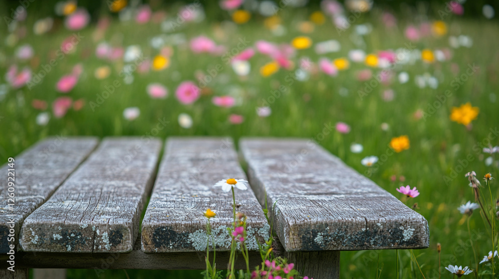 Fototapeta premium Wooden bench surrounded by colorful wildflowers in a sunny field during spring