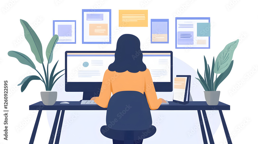 Fototapeta premium Young professional woman working at her desk with laptop computer digital devices and office decor elements like plant and art in a modern minimalist workspace setup
