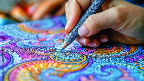 Woman's hand coloring intricate design, close-up, hobby, relaxation