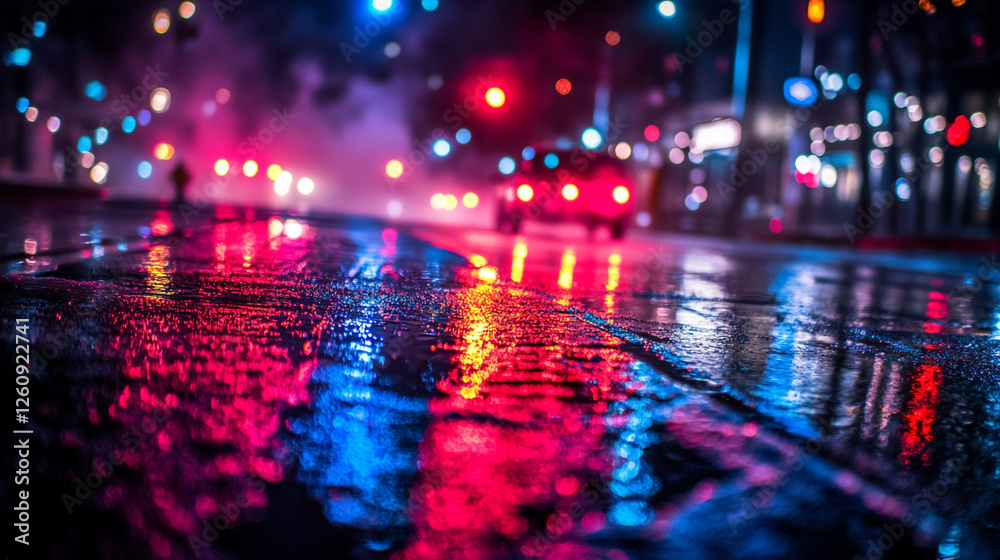 Urban night scene with colorful reflections on wet pavement after rain Urban night scene with colorful reflections on wet pavement after rain