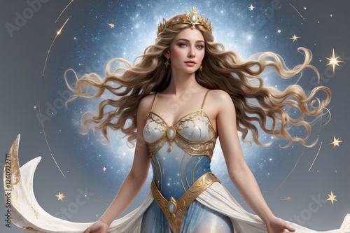 Fairytale princess with flowing golden hair, celestial crown, and elegant gown, posing against a dreamy cosmic background. photo