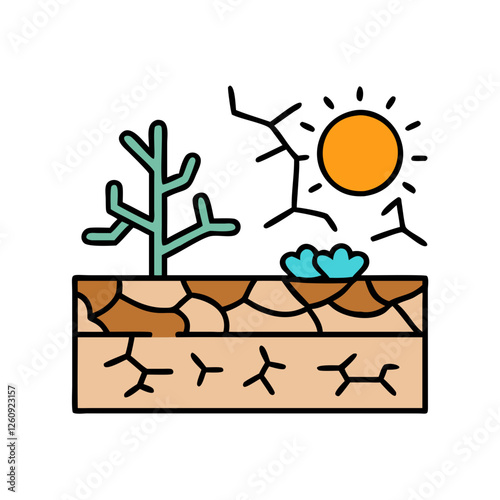 Drought conditions illustrated with cracked soil and sun