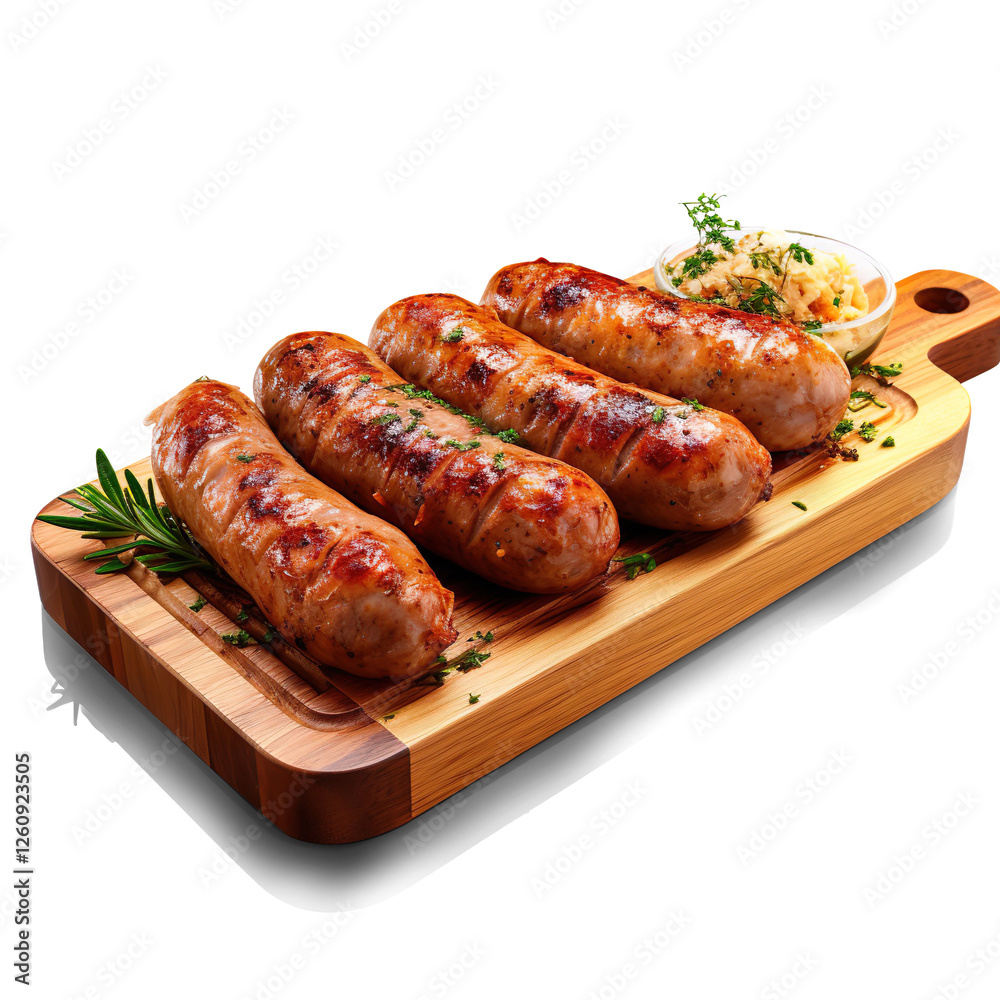 Grilled Sausages with Sauerkraut on Wooden Board Grilled Sausages with Sauerkraut on Wooden Board