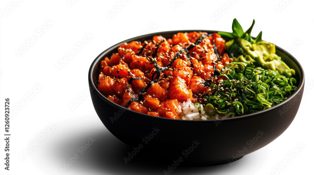 Fresh Salmon Bowl with Rice and Toppings on White Background Fresh Salmon Bowl with Rice and Toppings on White Background