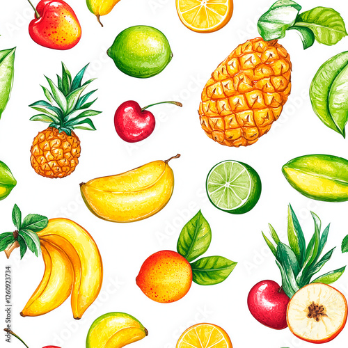 A drawing of a variety of fruits on a white background