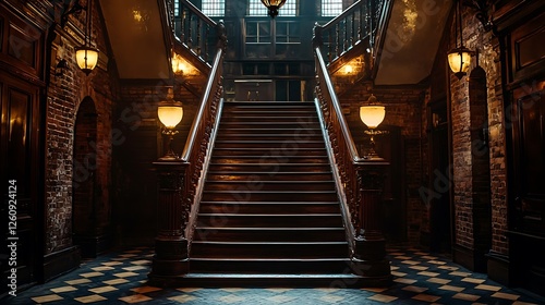 Grand staircase in historic building, interior view, dimly lit hallway