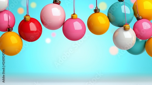 Colorful Christmas Ornaments Against Light Blue Background