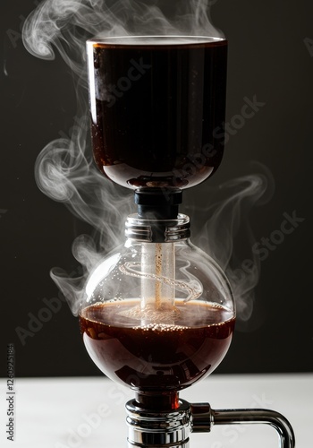 A siphon coffee maker brews aromatic coffee, producing steam and rich aromas, showcasing an elegant design. photo