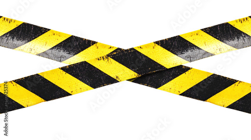 Black and yellow horizontal plastic caution tape crossed Isolated on transparent background