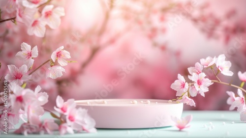 A pink podium surrounded by vibrant pink flowers on a table