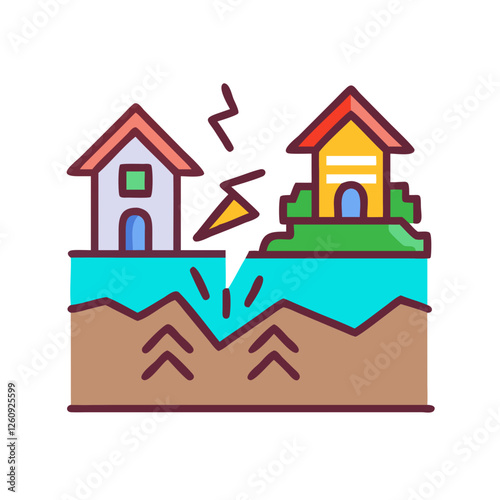 Damaged houses after earthquake with cracks in ground