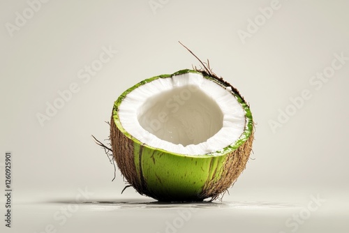 Freshly opened green coconut reveals creamy interior, inviting taste of tropical paradise and refreshing hydration