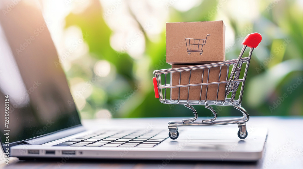 shopping cart with boxes on laptop, symbolizing online shopping