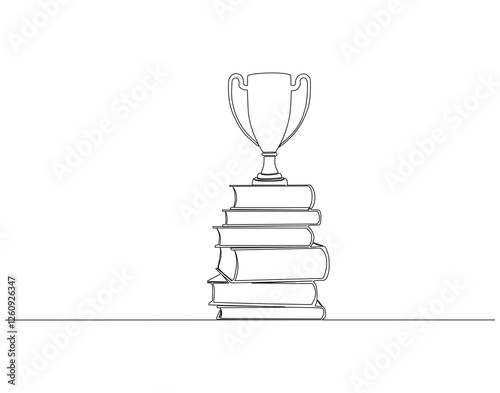 Continuous one line drawing of trophy on top stack of book. One line drawing illustration of trophy cup with stack of book combined. Combine art design concept single line. Editable outline