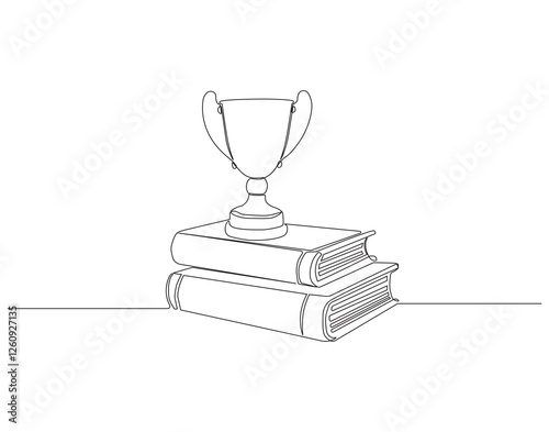 Continuous one line drawing of trophy on top stack of book. One line drawing illustration of trophy cup with stack of book combined. Combine art design concept single line. Editable outline