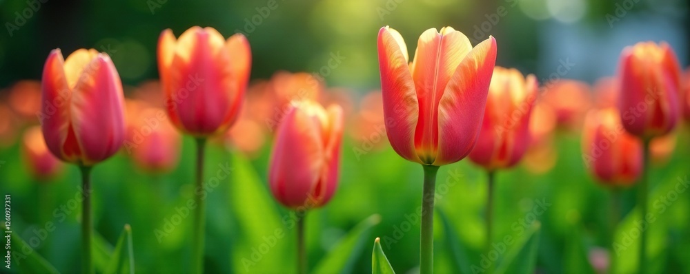 Fototapeta premium Delicate tulip leaves unfurl green and tender, plants, nature