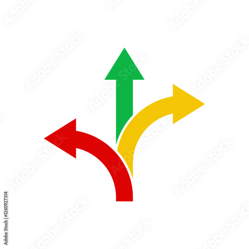 Three way direction arrow icon. Road sign direction icon. Multiple path, navigation, decision making, road split icon. Vector illustration.