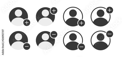 Add or Remove user icon set. Follow user, add contact, delete people Icon set. Person profile avatar with plus and minus symbol. Suitable for app, ui, web interfaces, infographics. Vector