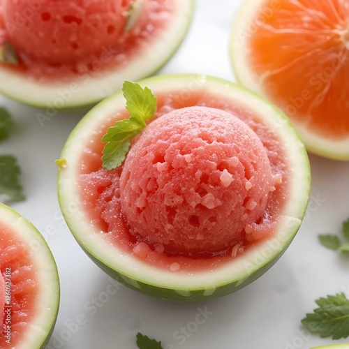 A fresh fruit sorbet served in individual fruit halves, such as watermelon or orange, with a sprig of mint. Generative AI