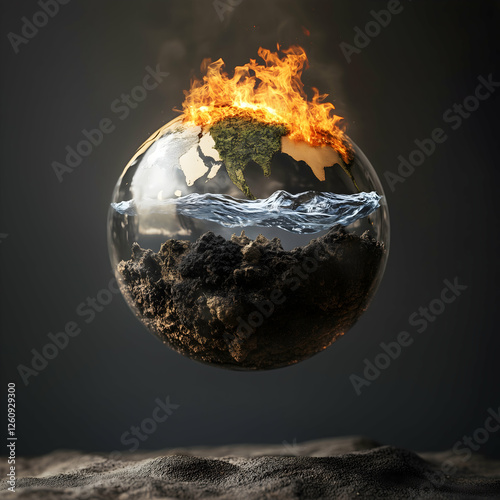Global crisis depicted with fire and water highlighting environmental destruction and the struggle for balance. Generative AI