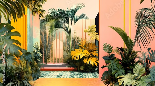 Wallpaper Mural Lush jungle scene with abstract plants, geometric fruits, and playful patterns in vivid hues of coral, yellow, and mint, capturing the energy of tropical nature in a flat, graphic pop art style.

 Torontodigital.ca