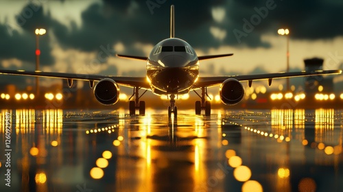 Commercial Airplane On Wet Runway At Sunset