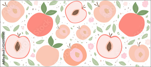 Botanic seamless pattern with pink peach slices. Hand drawn fruit pattern on white background. Fruit repeated background. Vector bright print for fabric, wallpaper, design, party paper.