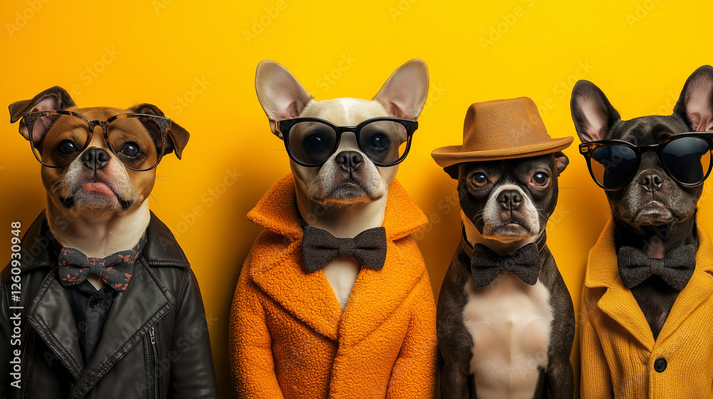 Fototapeta premium Four Elegant Dogs in Formalwear Posing Against a Bright Yellow Backdrop