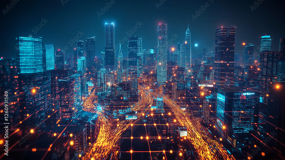 Obraz premium Futuristic Cityscape with Glowing Blue Buildings and Orange Digital Light Trails
