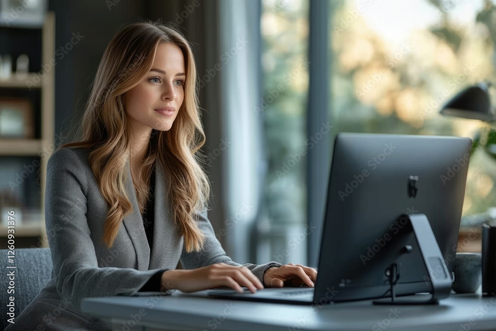 A young woman in a gray blazer sits at a desk, thoughtfully working on her laptop. A young woman in a gray blazer sits at a desk, thoughtfully working on her laptop.