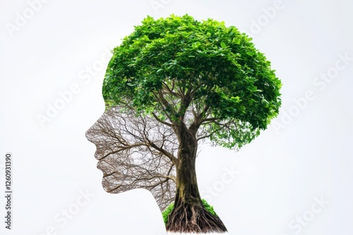 Think Green- human brain with green trees. World environment day and nature conservation day background. Green mental health concept isolated on white background. Generative AI. photo