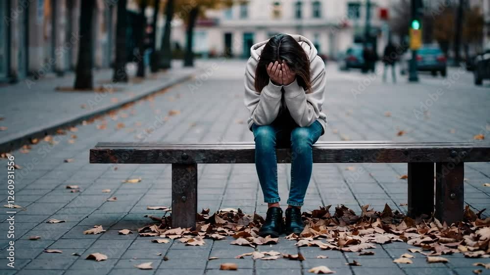 Lonely female sitting motionless on urban bench during autumn, hands covering face, experiencing deep emotional distress and mental anguish in soft, introspective slow motion