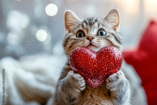 Marketing critter conceptual art. Cute kurilian bobtail young cat with sparkling rhinestones red heart at cozy domicile. Kurilian bobtail - my beloved cat, symbol of care. Love and meow magic. photo