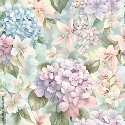 Pastel floral pattern featuring hydrangeas, lilies, and soft pink blossoms in pale blush, lavender, baby blue, and mint green for a light, vintage feel perfect for spring or summer.

