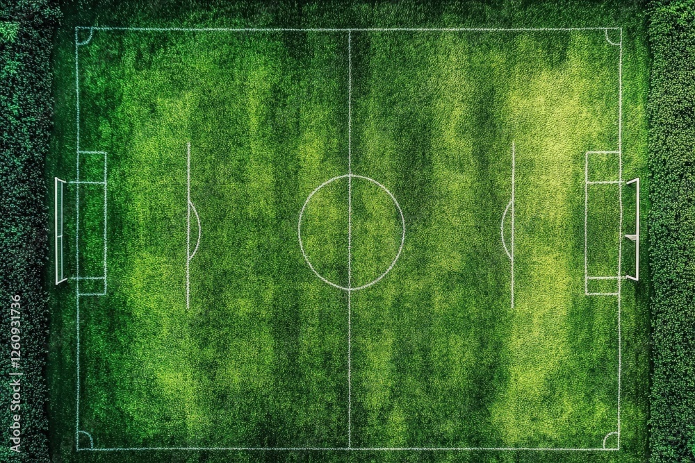 An aerial view of a green football field with white markings An aerial view of a green football field with white markings