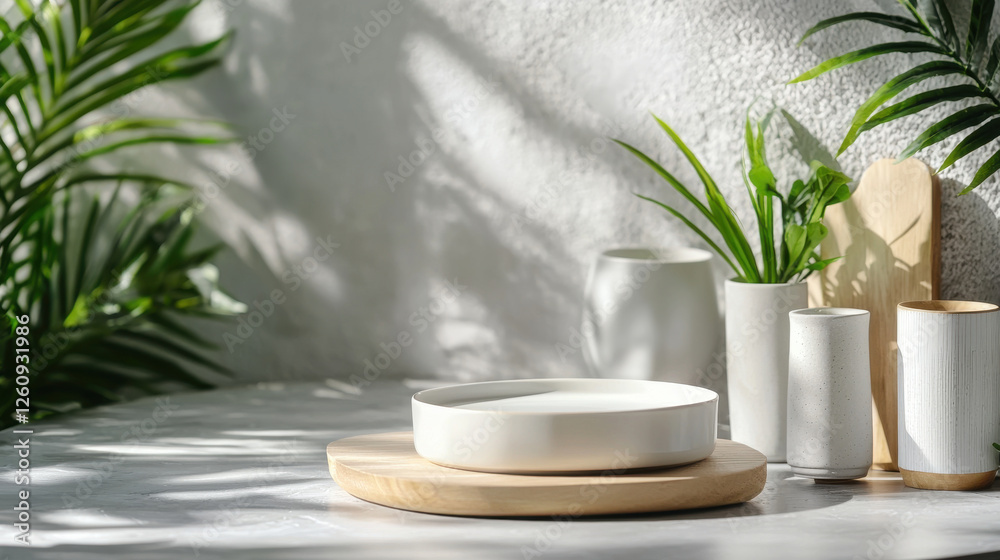 serene product display featuring white plate on wooden base surrounded by greenery and minimalist decor