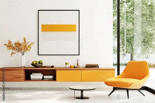Modern Living Room Design Featuring Bright Yellow Accent Chair And Stylish Furniture With Elegant Minimalist Decor