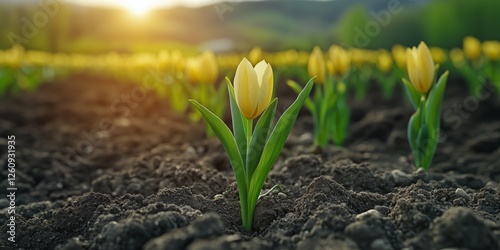 New plant sprouting from dark soil in sunlight, symbolizing growth and renewal