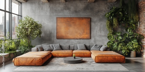 Comfortable modern living room with large orange sectional sofa and greenery