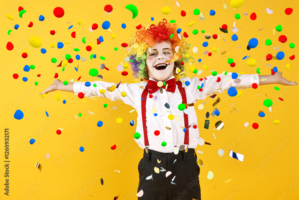 Happy boy dressed like clown under falling confetti on orange background. Party time Happy boy dressed like clown under falling confetti on orange background. Party time