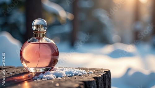 Elegant perfume bottle on snow-covered wooden table, elegance, elegantgift photo