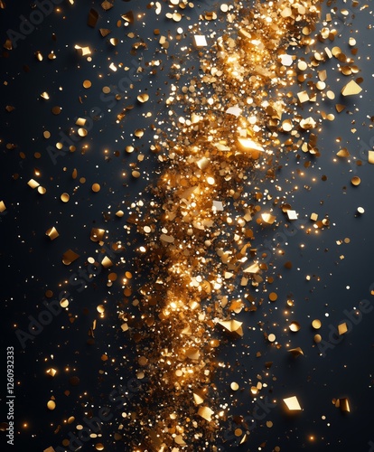 Shimmering golden confetti particles swirling in soft light during a celebrat...