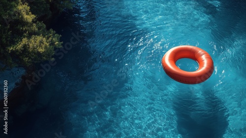 Bright orange pool float relaxes in clear blue water under afternoon sunlight