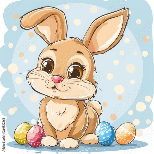 A cute cartoon bunny is happily sitting right next to colorful easter eggs